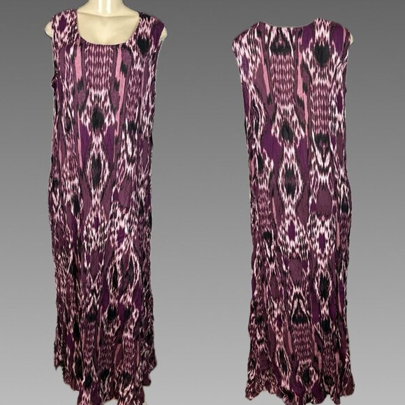 Denim 24/7 1X Purple Animal Print Rayon Crinkle Scoop Neck Sleeveless Maxi Dress - Picture 1 of 6